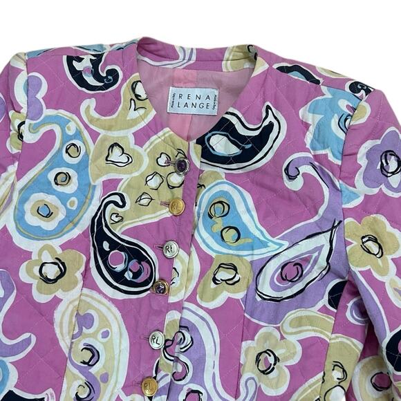 Vintage Rena Lange Pink Quilted Paisley Print Jacket Italy Blazer Medium - - Picture 6 of 6